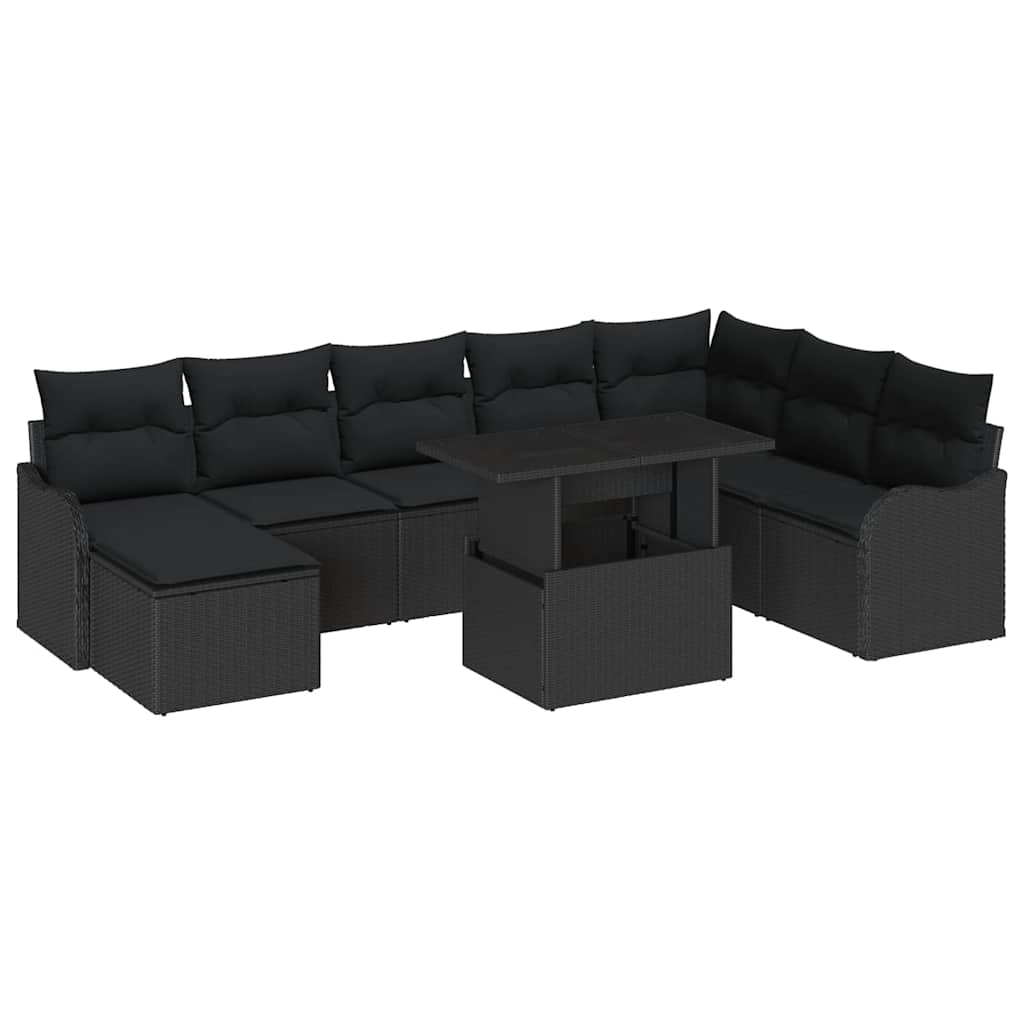Garten-Sofa-Set mit Kissen 9 pcs Schwarz Poly Rattan