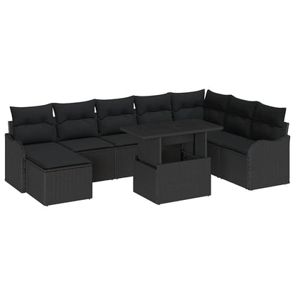 Garten-Sofa-Set mit Kissen 9 pcs Schwarz Poly Rattan