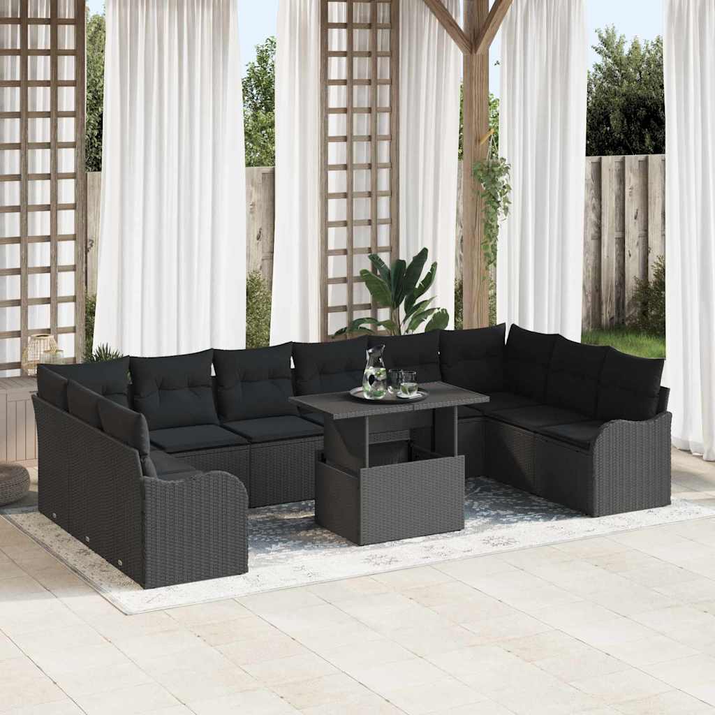 Garten-Sofa-Set mit Kissen 11 pcs Schwarz Poly Rattan