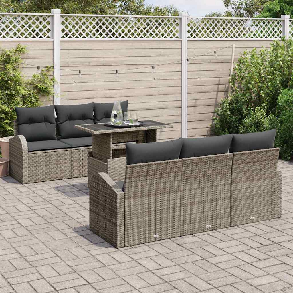 Gartensofa-set mit Kissen mit Speicher 7 pcs Grau Poly Rattan
