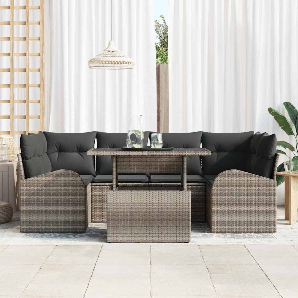 vidaXL Garten-Sofa-Set mit Kissen mit Speicher 7 pcs Grau Poly Rattan