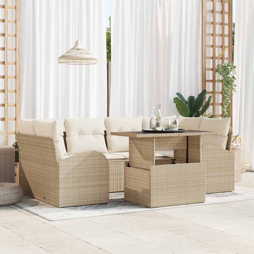 Garten-Sofa-Set mit Kissen mit Speicher 7 pcs Beige Poly Rattan