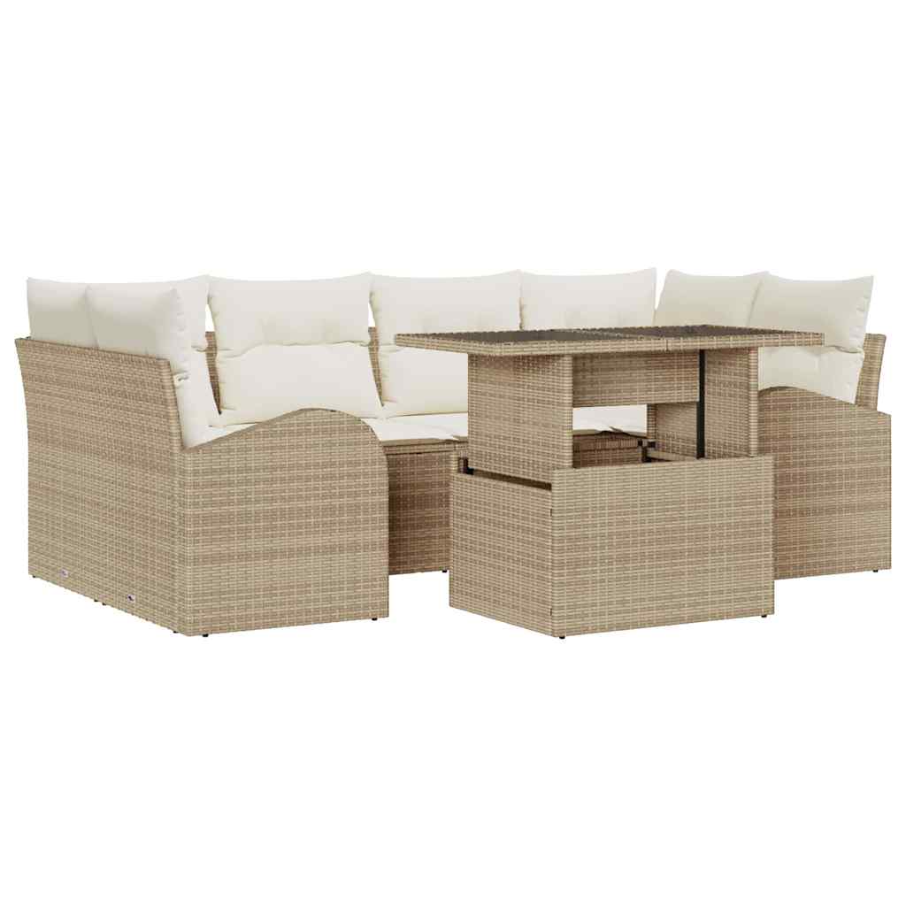 Garten-Sofa-Set mit Kissen mit Speicher 7 pcs Beige Poly Rattan