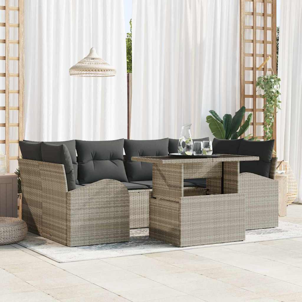 Garten-Sofa-Set mit Kissen 7 pcs Hellgrau Poly Rattan
