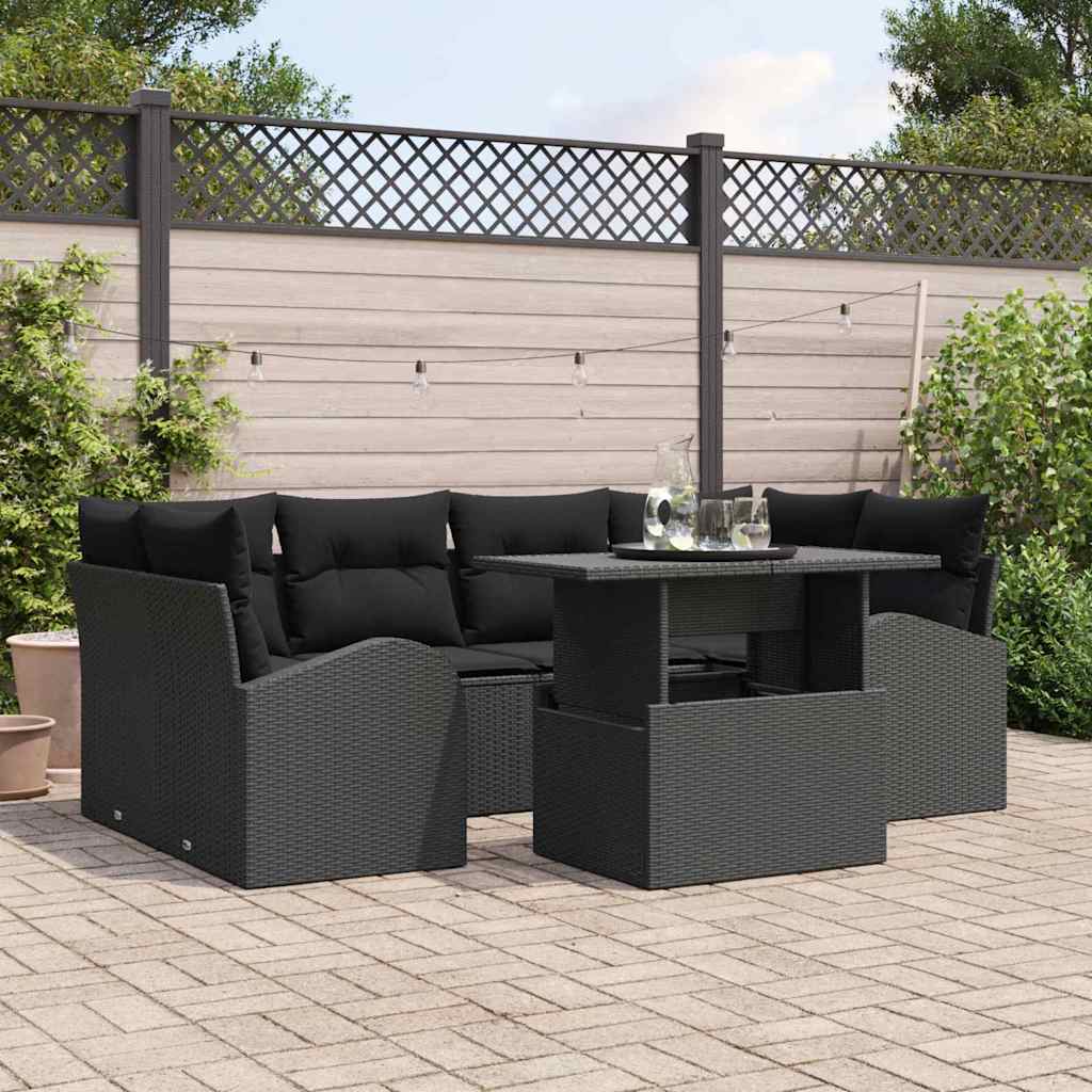vidaXL Garten-Sofa-Set mit Kissen mit Kissen 7 pcs Schwarz Poly Rattan