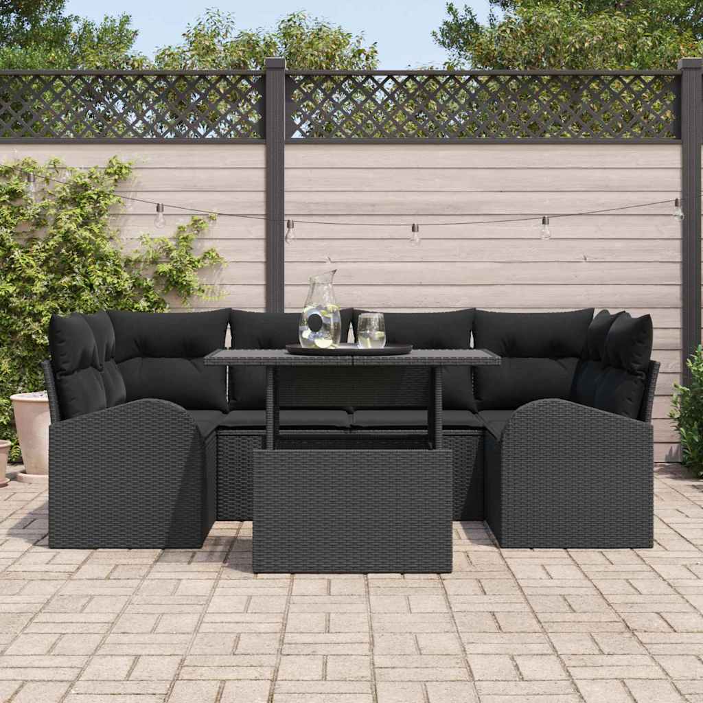 vidaXL Garten-Sofa-Set mit Kissen mit Kissen 7 pcs Schwarz Poly Rattan