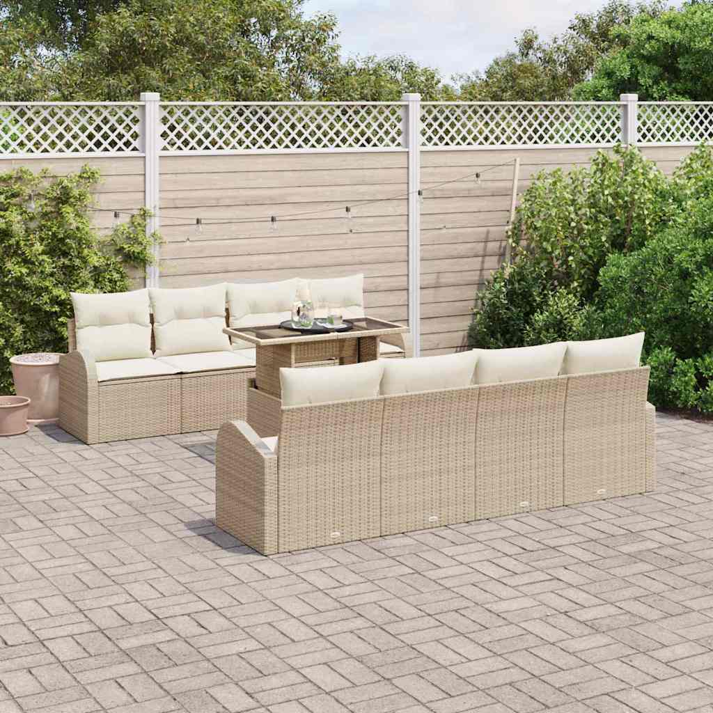 vidaXL Gartensofa-set mit Kissen mit Speicher 9 pcs Beige Poly Rattan
