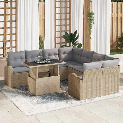 Garten-Sofa-Set mit Kissen mit Speicher 9 pcs Beige Poly Rattan