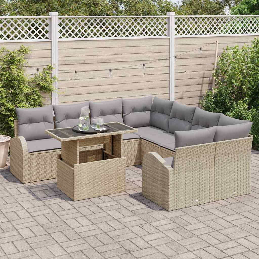 Garten-Sofa-Set mit Kissen mit Speicher 9 pcs Beige Poly Rattan