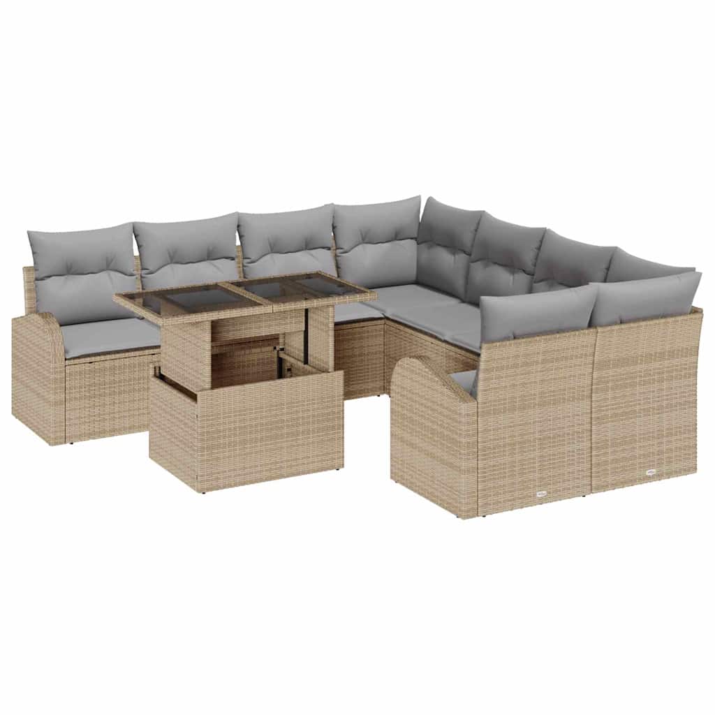 Garten-Sofa-Set mit Kissen mit Speicher 9 pcs Beige Poly Rattan
