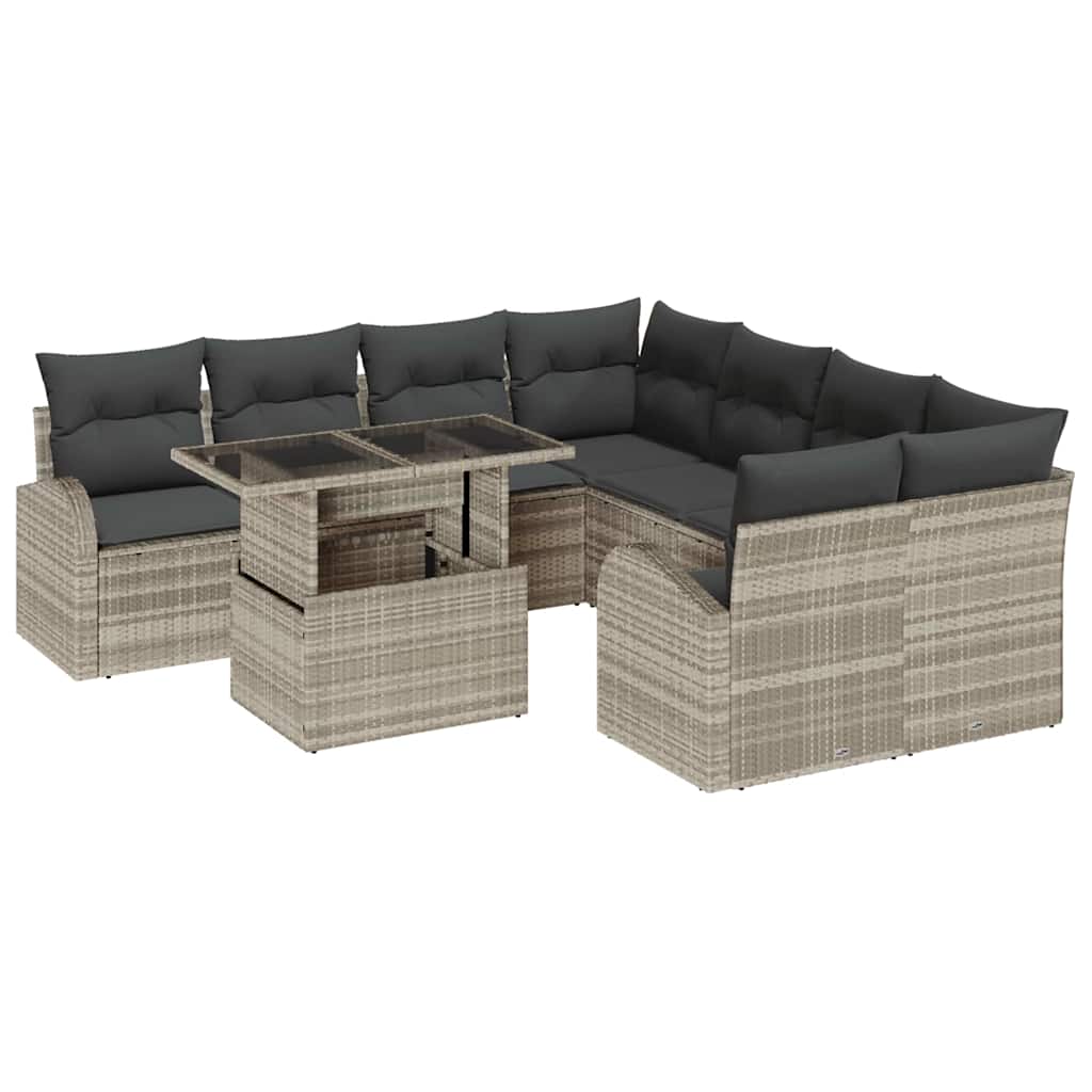 Garten-Sofa-Set mit Kissen 9 pcs Hellgrau Poly Rattan