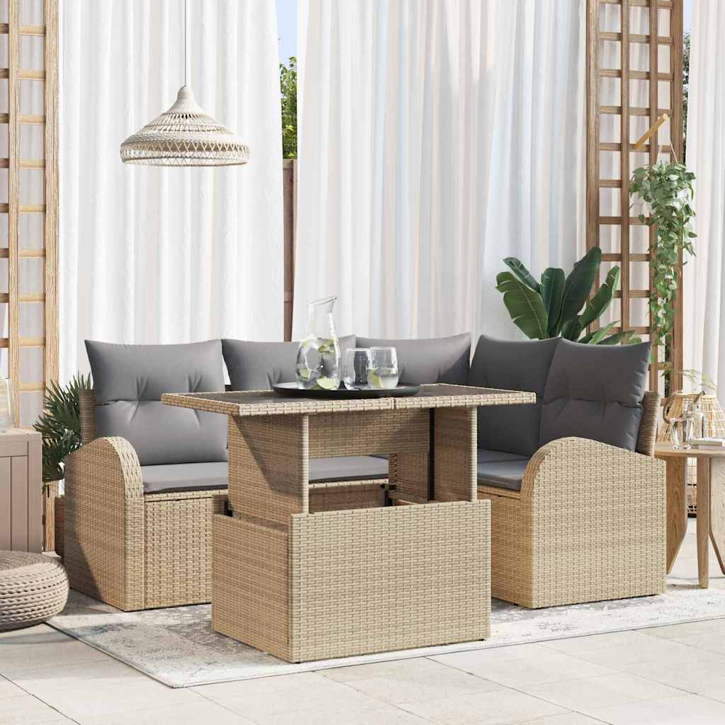 Garten-Sofa-Set mit Kissen mit Speicher 5 pcs Beige Poly Rattan
