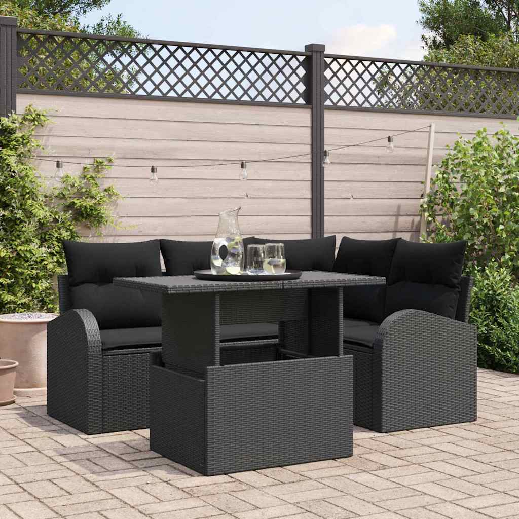Gartensofa-set mit Kissen mit Kissen 5 pcs Schwarz Poly Rattan