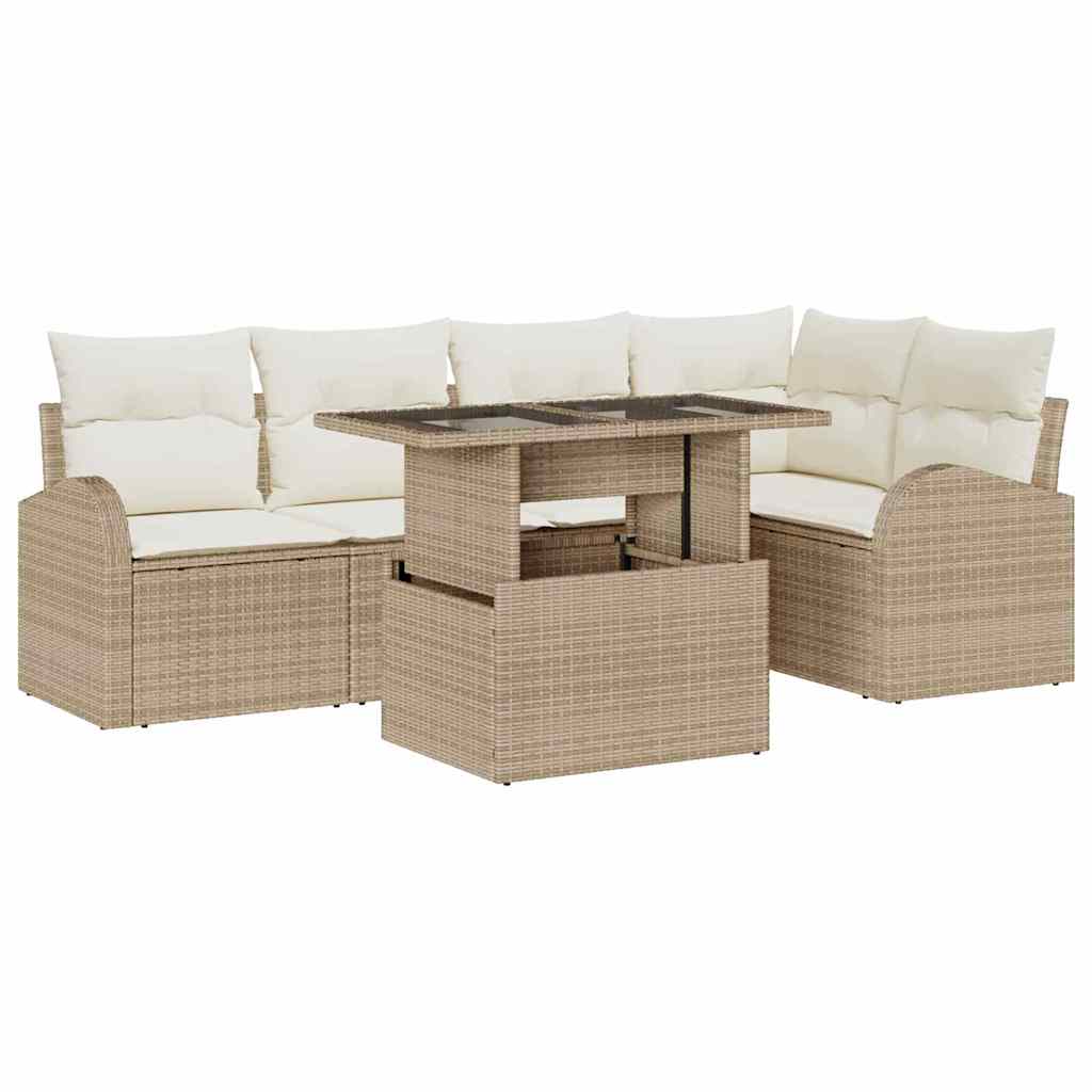 Garten-Sofa-Set mit Kissen mit Speicher 6 pcs Beige Poly Rattan