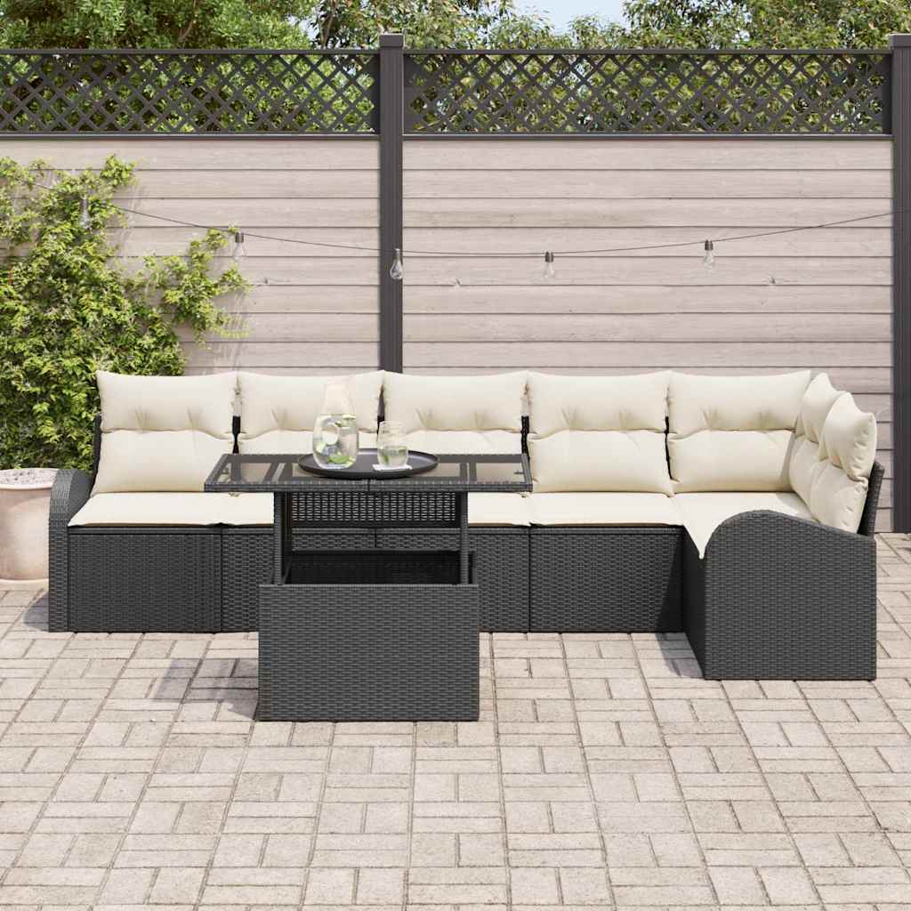 Garten-Sofa-Set mit Kissen mit Kissen 7 pcs Schwarz Poly Rattan