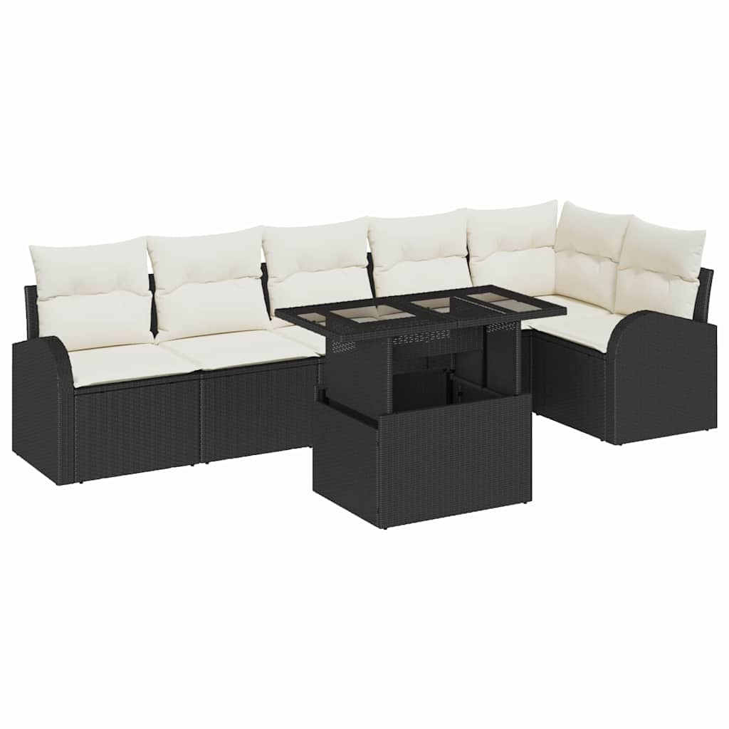 Garten-Sofa-Set mit Kissen mit Kissen 7 pcs Schwarz Poly Rattan