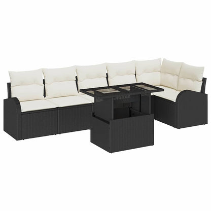 Garten-Sofa-Set mit Kissen mit Kissen 7 pcs Schwarz Poly Rattan
