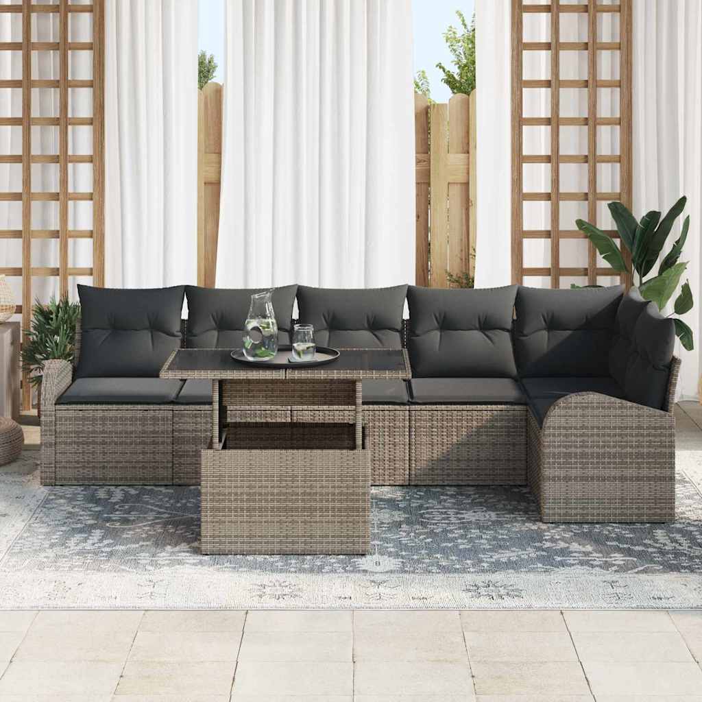 Garten-Sofa-Set mit Kissen mit Speicher 7 pcs Grau Poly Rattan