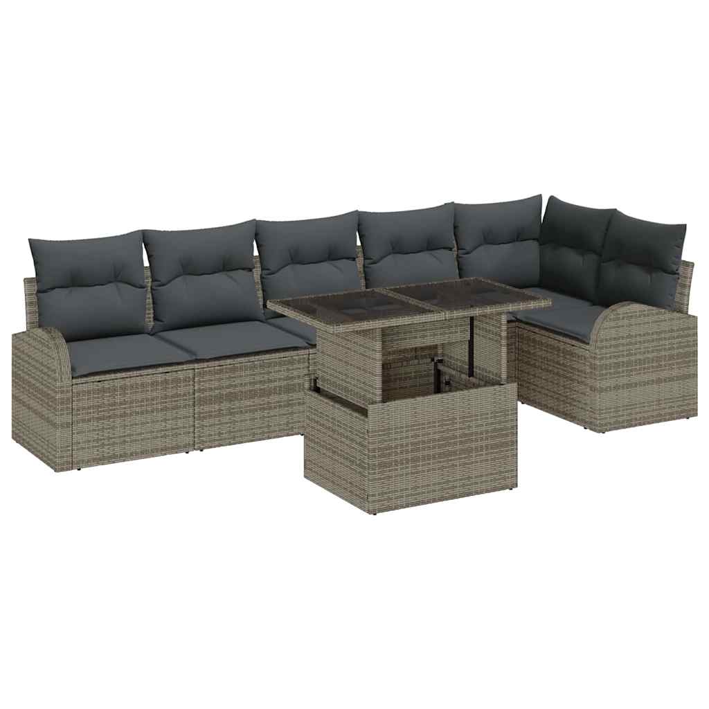 Garten-Sofa-Set mit Kissen mit Speicher 7 pcs Grau Poly Rattan