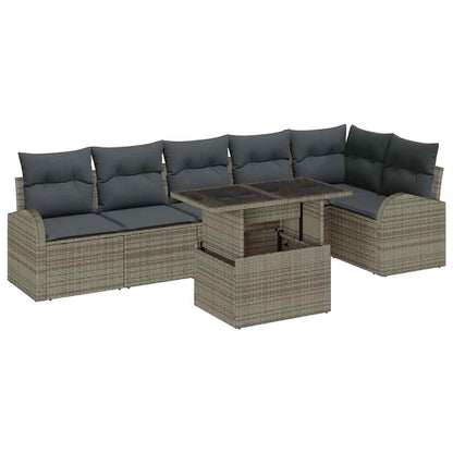 Garten-Sofa-Set mit Kissen mit Speicher 7 pcs Grau Poly Rattan