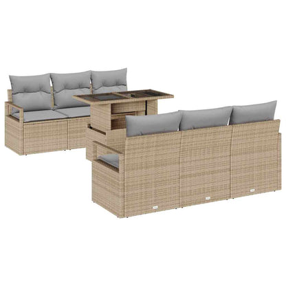 Gartensofa-set mit Kissen mit Speicher 7 pcs Beige Poly Rattan
