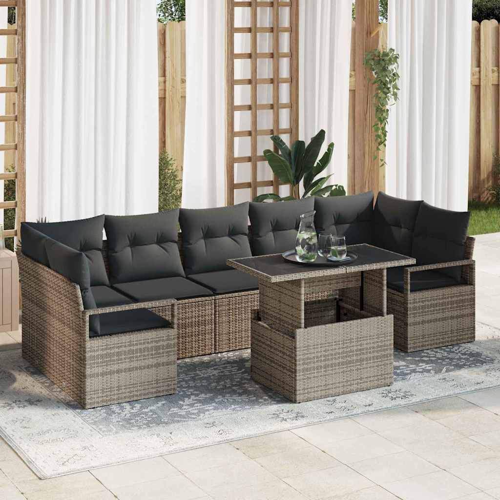 Garten-Sofa-Set mit Speicher 8 pcs Grau Poly Rattan