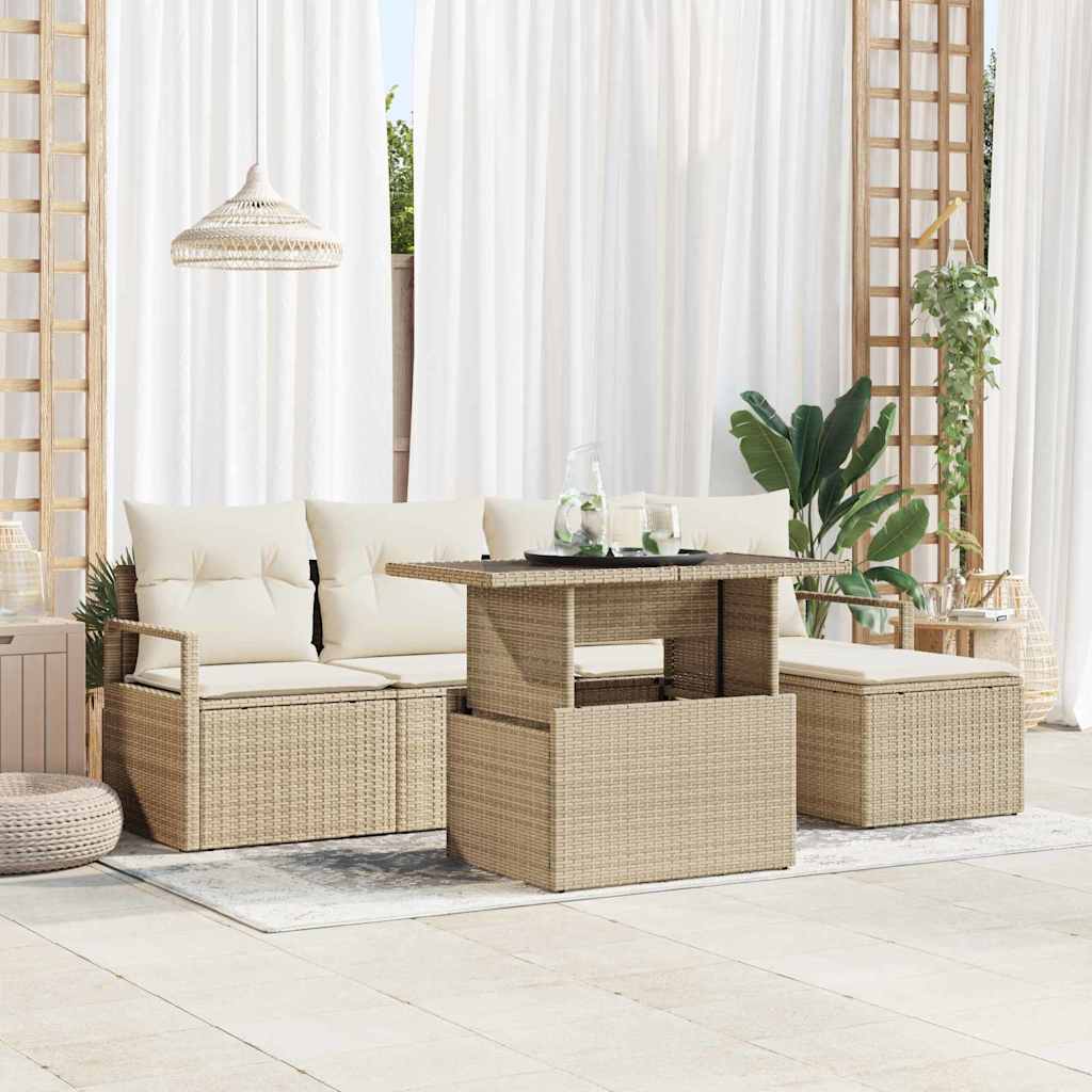 Garten-Sofa-Set mit Speicher 6 pcs Beige Poly Rattan