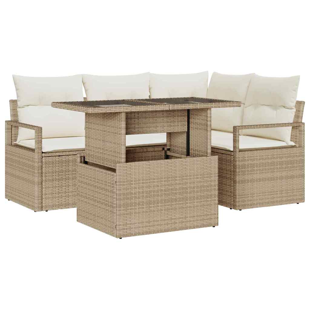 Garten-Sofa-Set mit Speicher 5 pcs Beige Poly Rattan