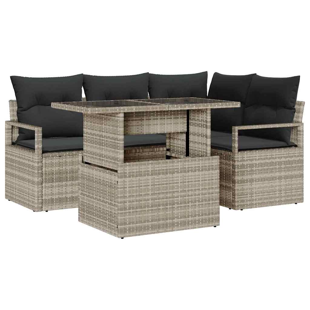 Gartensofa-set mit Kissen 5 pcs Hellgrau Poly Rattan