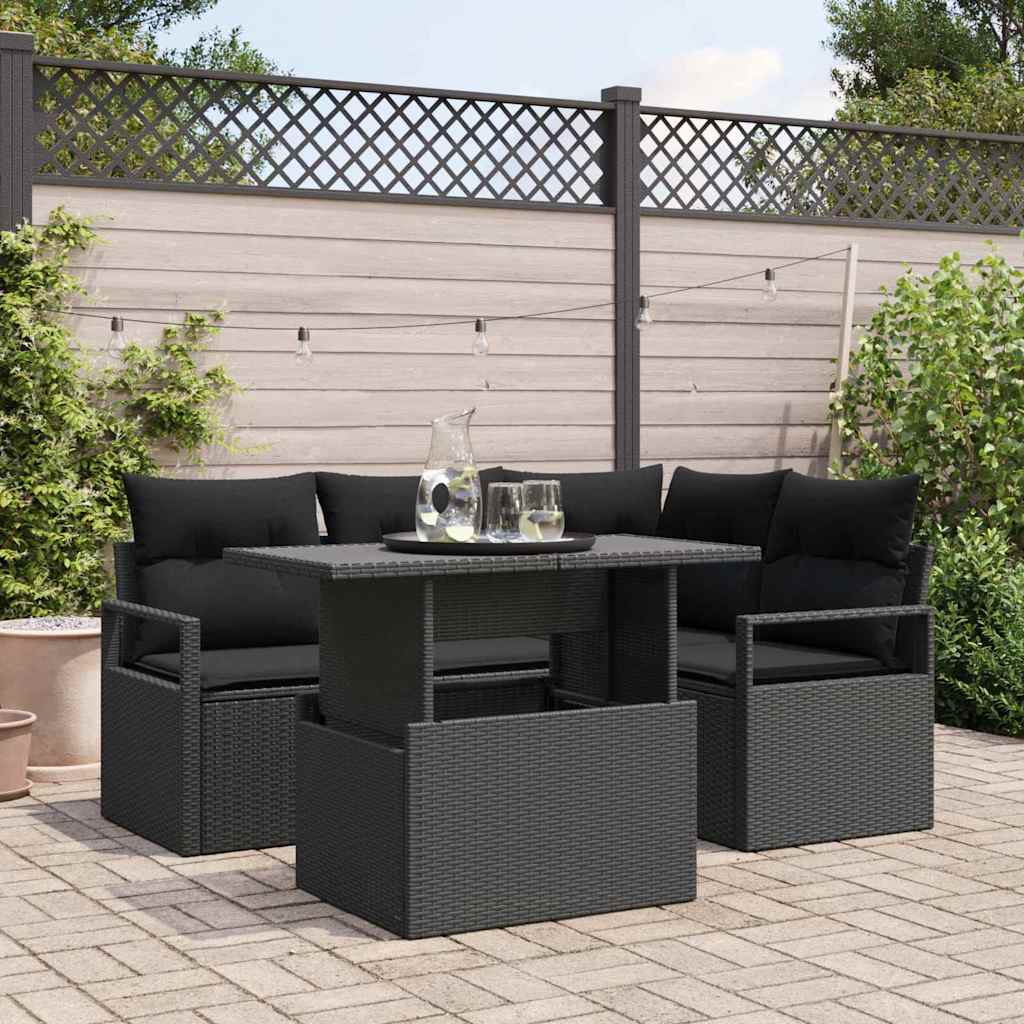 Gartensofa-set mit Kissen 5 pcs Schwarz Poly Rattan
