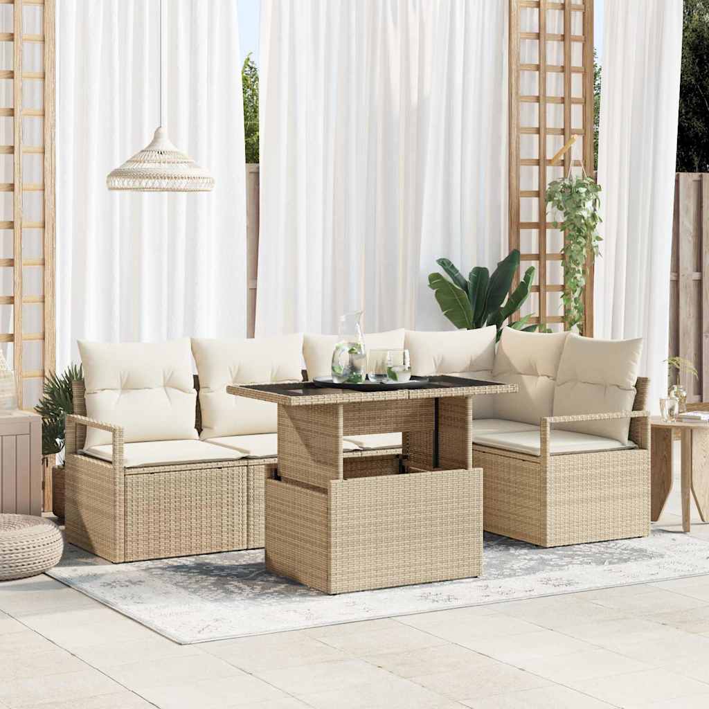 Gartensofa-set mit Kissen mit Speicher 6 pcs Beige Poly Rattan