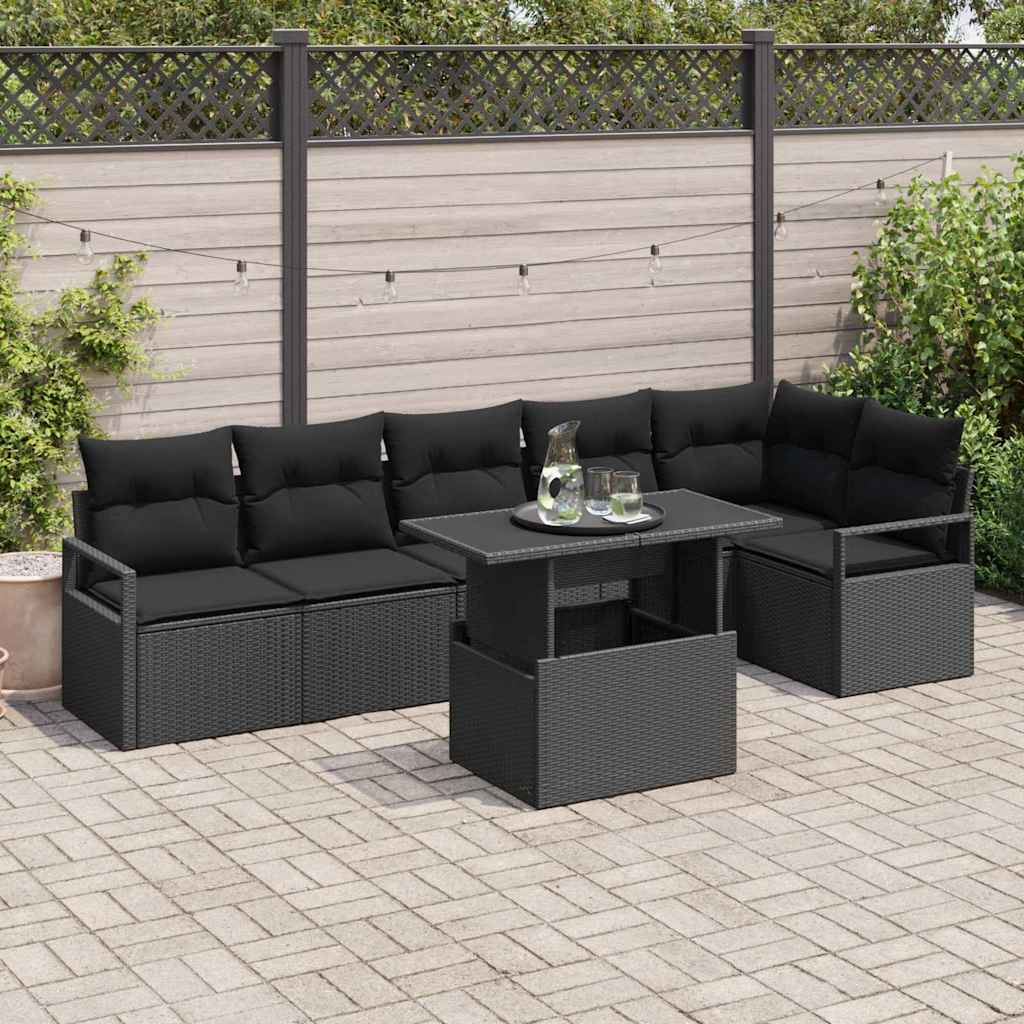Gartensofa-set mit Kissen 7 pcs Schwarz Poly Rattan
