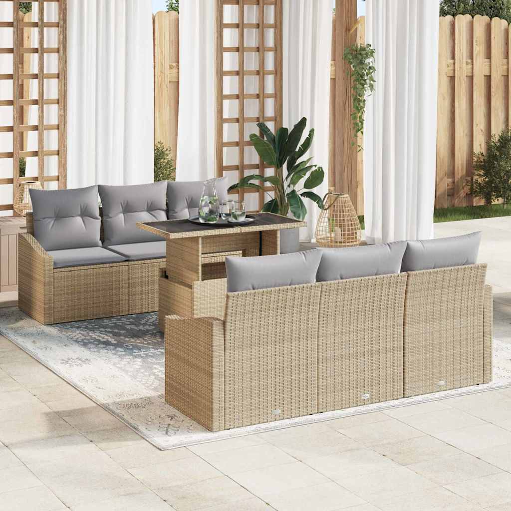 Garten-Sofa-Set mit Speicher 7 pcs Beige Poly Rattan