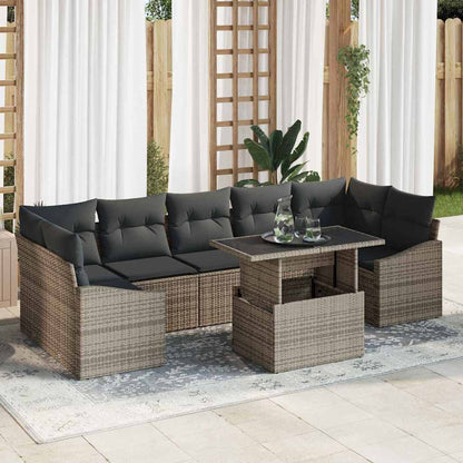 Garten-Sofa-Set mit Kissen mit Speicher 8 pcs Grau Poly-Rattan