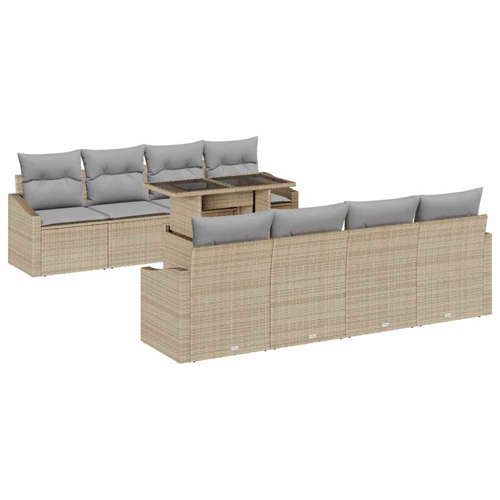 Garten-Sofa-Set mit Kissen mit Speicher 9 pcs Beige Poly-Rattan