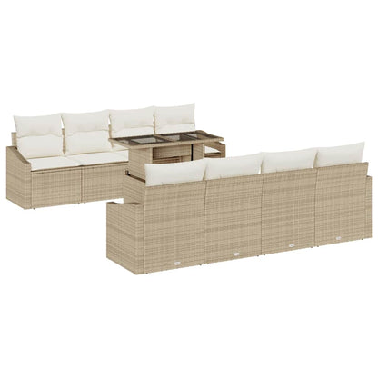 Garten-Sofa-Set mit Kissen mit Speicher 9 pcs Beige Poly-Rattan