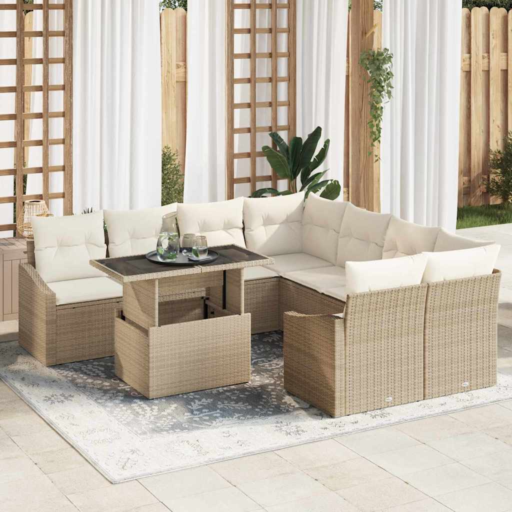 Garten-Sofa-Set mit Speicher 9 pcs Beige Poly Rattan