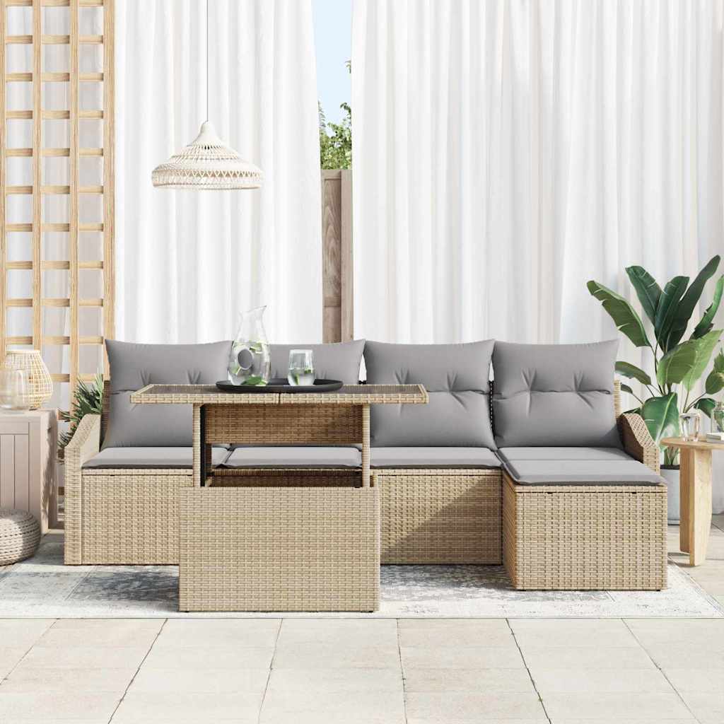 Garten-Sofa-Set mit Kissen 6 pcs Beige und Hellgrau Poly-Rattan