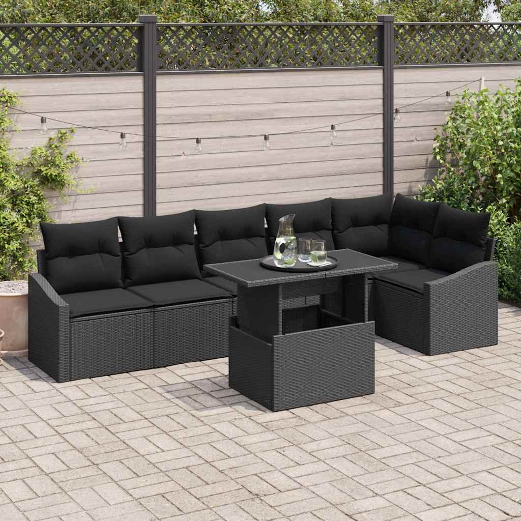 Garten-Sofa-Set mit Kissen mit Speicher 7 pcs Schwarz