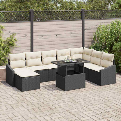 Garten-Sofa-Set mit Kissen mit Speicher 9 pcs Schwarz und Creme