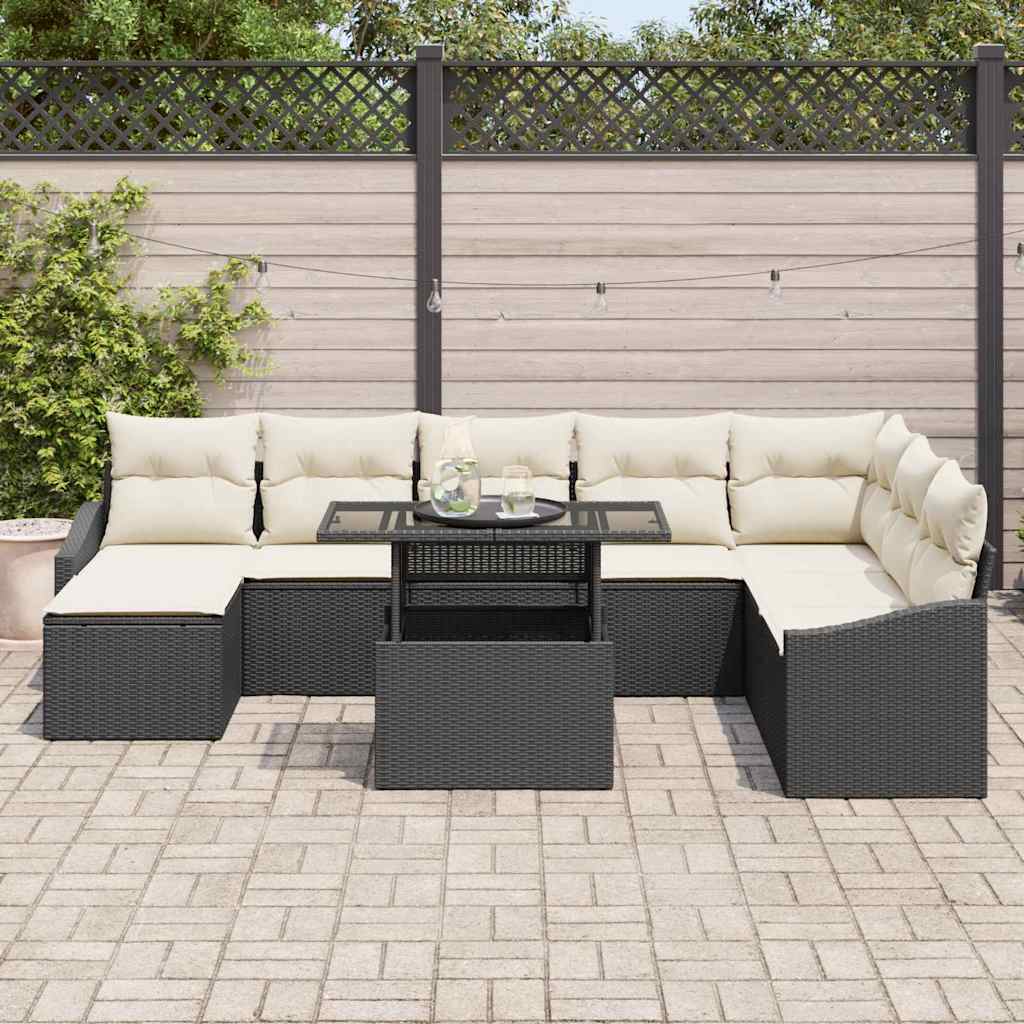 Garten-Sofa-Set mit Kissen mit Speicher 9 pcs Schwarz und Creme