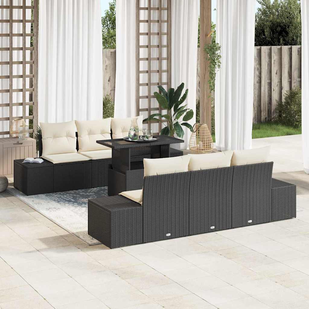 Garten-Sofa-Set mit Kissen 7 pcs Schwarz und Creme