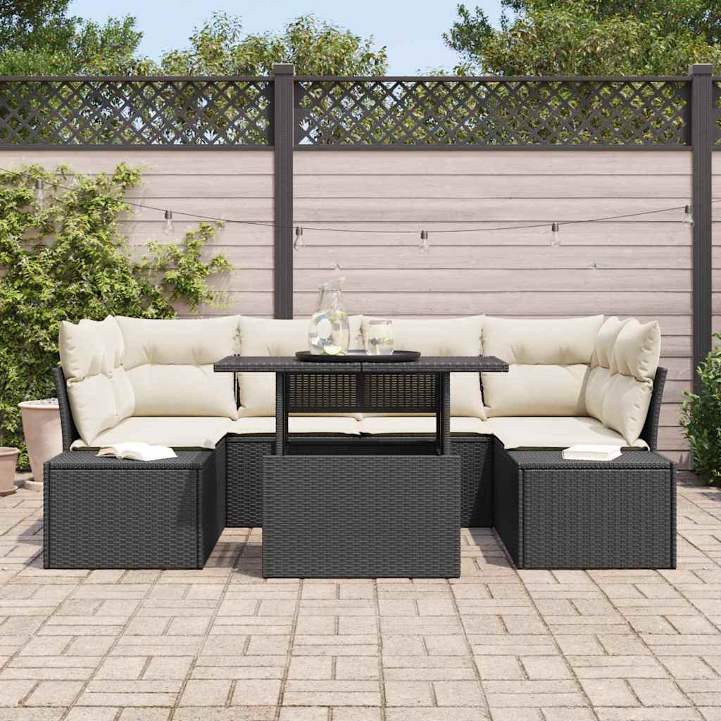 Garten-Sofa-Set mit Kissen 7 pcs Schwarz und Creme