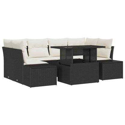 Garten-Sofa-Set mit Kissen 7 pcs Schwarz und Creme