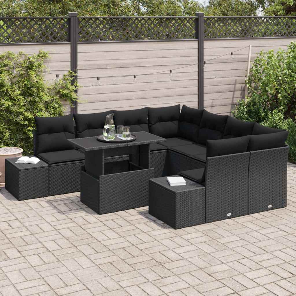 Garten-Sofa-Set mit Kissen mit Speicher 9 pcs Schwarz