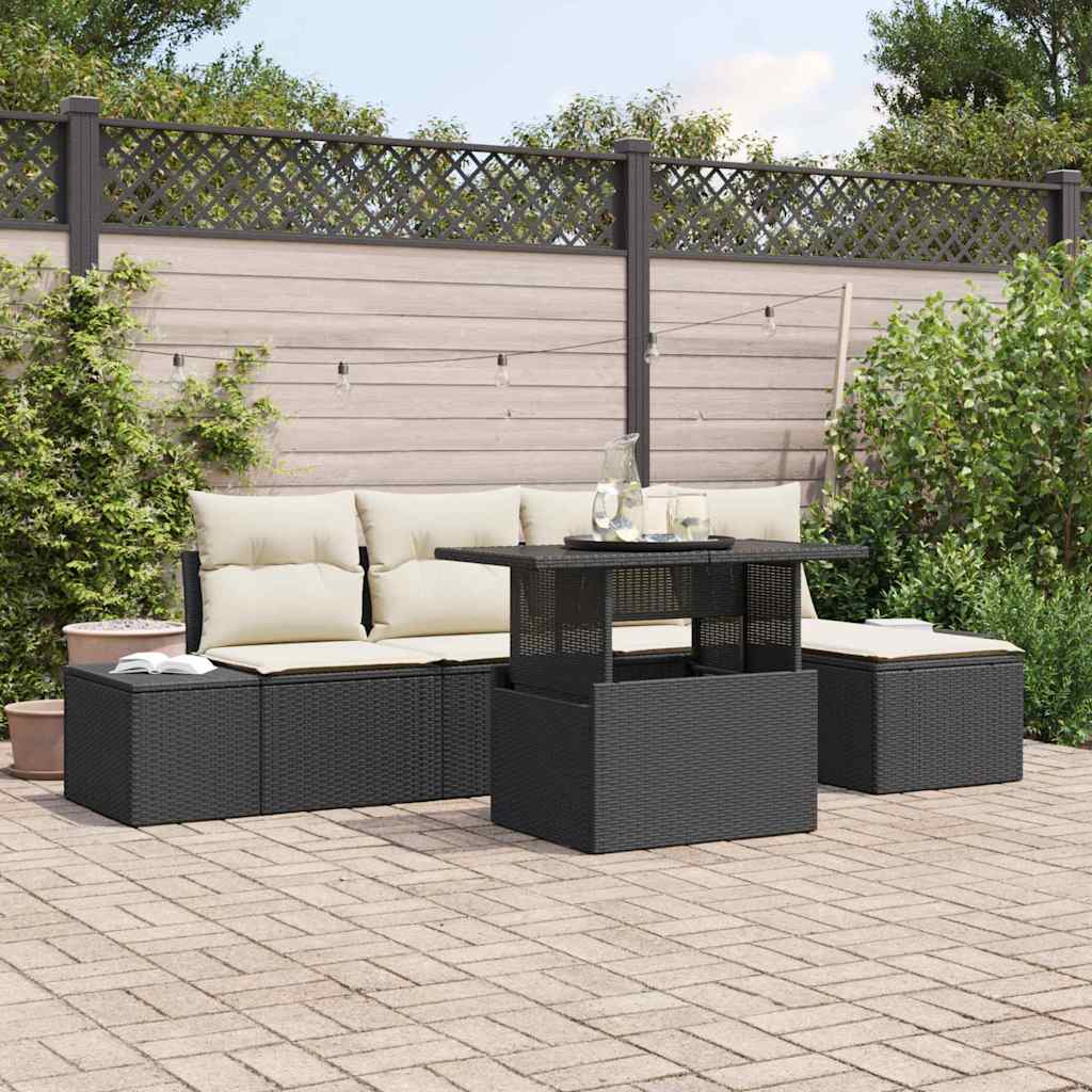 Garten-Sofa-Set mit Speicher 6 pcs Schwarz Poly Rattan