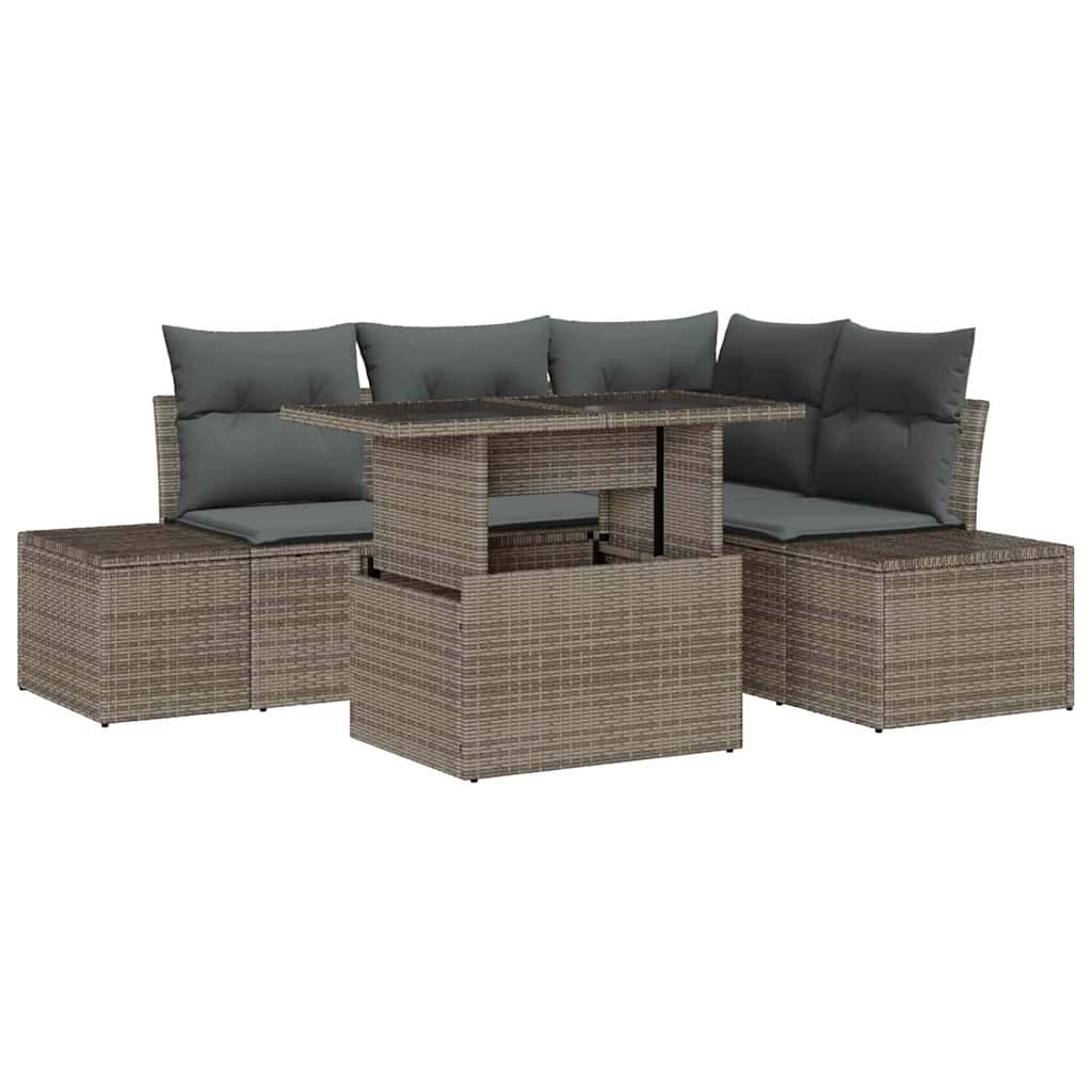 Gartensofa-set mit Kissen mit Speicher 5 pcs Grau Poly-Rattan