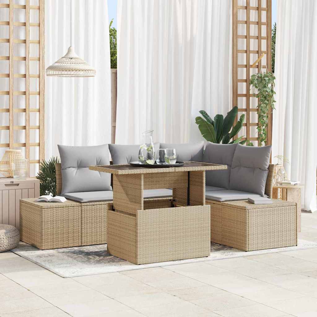 Gartensofa-set mit Kissen mit Speicher 5 pcs Beige Poly-Rattan