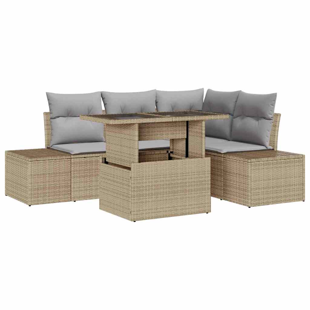 Gartensofa-set mit Kissen mit Speicher 5 pcs Beige Poly-Rattan