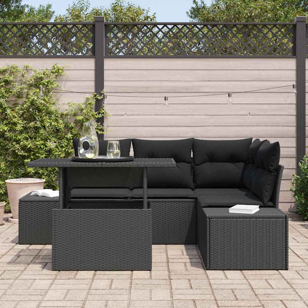 Gartensofa-set mit Kissen 5 pcs Schwarz Poly-Rattan